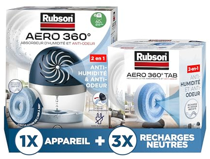 Rubson Aero 360°, 1 Déshumidificateur d'air 20 m²+ 3 Recharges 450g | Absorbeur d'humidité, Neutralise odeurs et moisissures, Purifie, Sans électricité, Recharge dure 3 mois, Pièce jusqu'à 20m²