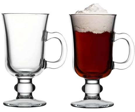Biandeco Irish Coffee Mugs Set of 2, Glass Hot Chocolate Mugs with Handle, Footed Hot Toddy and Cappucino Cup, Hot Beverages Gift, 8 oz