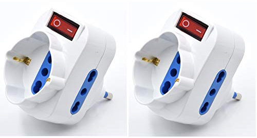 Set 2 Adattatore Multipresa Tripla,con protezione sovraccarico ed interruttore ON/OFF,Adattatori da Schuko a Spina 16A,Spina Rotante,Bianco,Confezione da 2