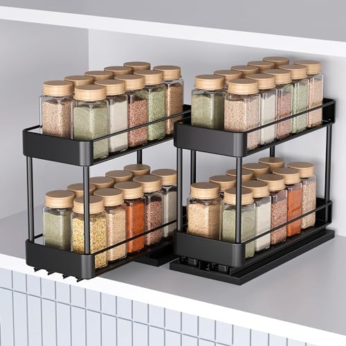 OriwarE Gewürzregal Ausziehbar, 2 Stück, 26.29 cm x 11.43 cm x 21.34 cm, Küchen Organizer, Einfache Installation, Metall, 2 Etagen, Schwarz