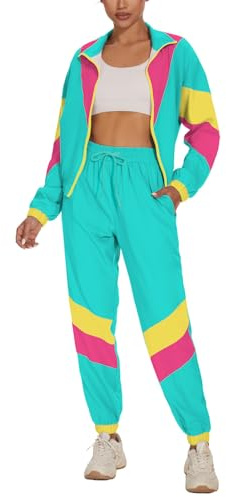 UOUA Women's Color Block 2 Piece 80s 90s Outfits Long Sleeve Windbreaker Jacket Tracksuit Set MintGreen M