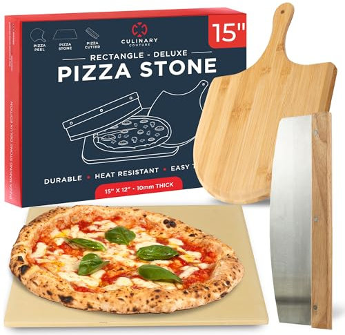 Pierre à pizza rectangulaire en cordiérite de 38,1 x 30,5 cm pour barbecue et four, avec pelle en bois et cutter – Deluxe