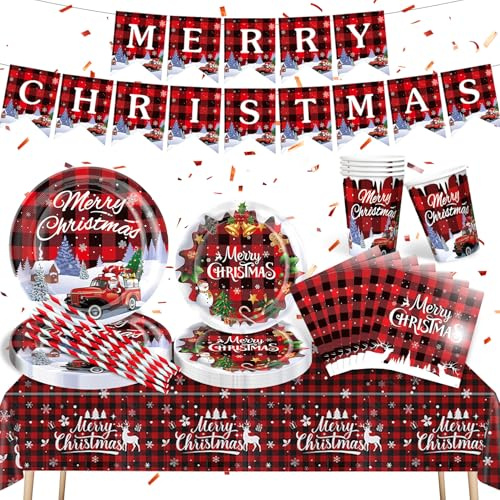 Christmas Party Decorations Paper Plates, Christmas Tableware Set Merry Christmas Dinnerware with Paper Plates Napkins Cups Tableclothes Banner for Xmas Holiday Party Supplies
