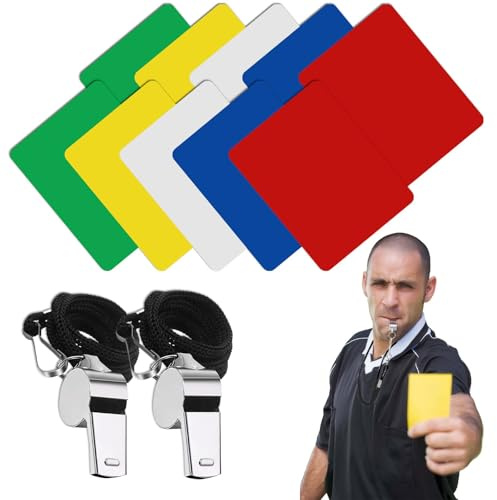 Set di carte da arbitro, 2 set di carte da arbitro e 2 fischietti in acciaio inox, kit arbitro di calcio, include carte rosse, gialle, bianche, verdi e blu, per calcio, calcio, sport e ufficiali