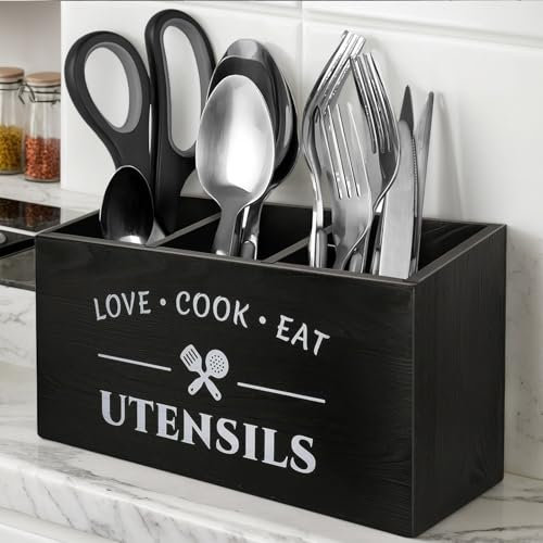 Miawtro Kitchen Utensils Holder,Kitchen Storage Rack with 3-Grid Thickened Wooden Partition Storage ,Large-Capacity Utensil Rack,Wooden Utensil older for Tableware,Knife and Fork Box