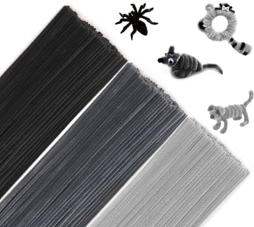 300 Stück Pfeifenreiniger zum Basteln, Schwarz Dunkelgrau Hellgrau Pfeifenputzer Chenilledraht, 30cm Lang Pfeifenputzerdraht Pipe Cleaner für Handwerk, DIY Craft Projekte, Dekorieren (3 Farben)