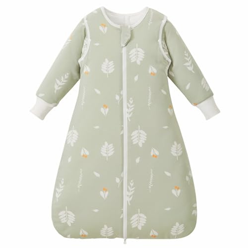 Nivolltha Baby Schlafsack 3.5 TOG Baumwolle Blätter S | 100% Baumwolle Winter Babyschlafsack mit abnehmbaren Ärmeln, extra warm, sanft zur Babyhaut und gemütlich für 0-6 Monate