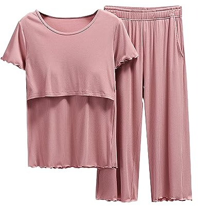 Generisch Pyjama Femme Court Amusant Allaitement Femmes Chemise et Ensemble T Bébé Maternité Tops Short Pantalon Maternité Sommeil Manteau Longueur Genou Femme