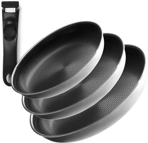 Onyx Cookware Lot de 3 poêles à frire – 24 cm, 26 cm et 28 cm avec poignée amovible | Poêles antiadhésives à induction | Batterie de cuisine peu encombrante | Passe au lave-vaisselle et sans PFAS |