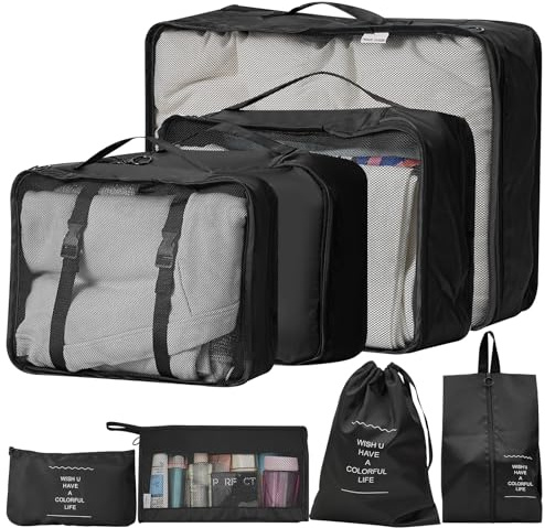 TRIXES 8 cubi da viaggio per imballaggio, tutto in uno, essenziali per le vacanze, comodo contenitore impermeabile per tutti i vestiti da vacanza, accessori e prodotti da bagno, nero