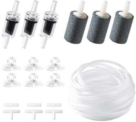 TAGMEIU Aquarium Air Line Kit, Air Pump Aquarium Accessories, with Black Air Stone, 10m Air Line Hose, Check Valve, Suction Cup, White Connectors