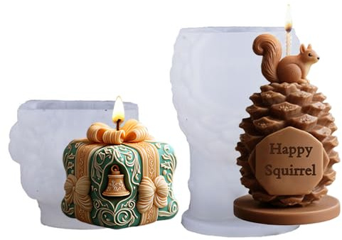 Junhui, 2 pezzi di stampi per candele natalizie, scoiattolo di Natale, in silicone, confezione regalo 3D, stampi per candele epossidici, stampi fai da te per candele profumate, sapone fatto a mano