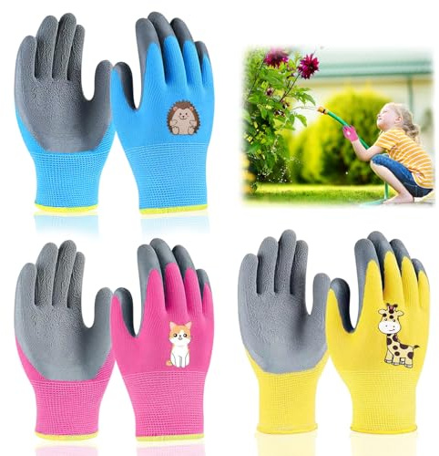 WEDAMOO 3 Pairs Kids Gardening Gloves for Age 3-5, Children Work Gloves | L17 cm/W8 cm/Middle Finger L5.5cm, Rubber Coated, Non-Slip, Breathable, for Boys Girls Camping, Gardening, Small Pet Raising