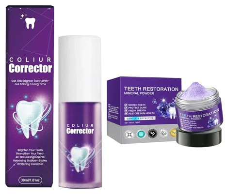Set Dentifricio viola+Polvere Sbiancante, Teeth Whitening Foam Toothpaste, Sicura per lo Smalto,Pulizia Profonda e Sbiancamento dei Denti,Dentifricio in Polvere per Rimuovere Macchie e Alito Fresco