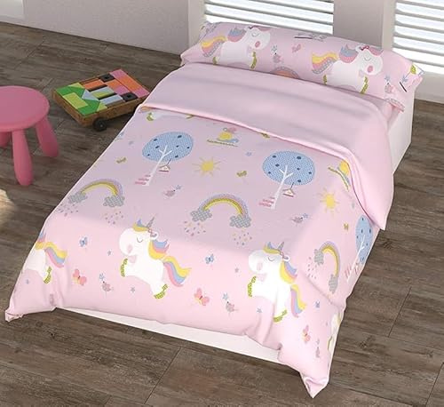 Funda Nórdica Infantil Unicornios y Arcoíris, Cama 90cm 150x220 cm, 2 Piezas, Rosa, 144 Hilos, 50% Algodón 50% Poliester