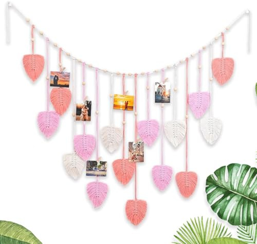 Bssowe Decoration Murale Boheme, 120 * 75 cm Tapisserie Murale, Macrame Mural Fait Main Feuille, Grande Tapisserie Tissée avec Perles en Bois et Feuilles, pour Salon, Chambre, Chambre D'enfant (Rose)