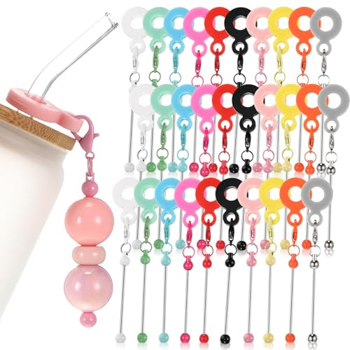 Sayglossy 30 Pcs Beadable Tumbler Straw Charm Adapters Beaded Cup Blank Bar Silicone Pendant Ornament for DIY Jewelry Gift Tumbler Accessories (Multicolor)