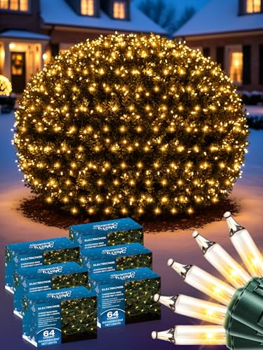 ElectricWise 6 Pack Net Christmas Lights Outdoor 4 x 4 Ft, Clear Mesh Christmas Mini Incandescent Net Lights with End to End Plug for Bushes, Hedges, Tree, Warm White, Green Wire