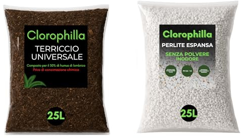 Clorophilla Kit Terriccio Universale + Perlite Espansa – 2 SACCHI – Substrato Drenante e Aerato – Per Piante da Interno ed Esterno (25L + 25L)