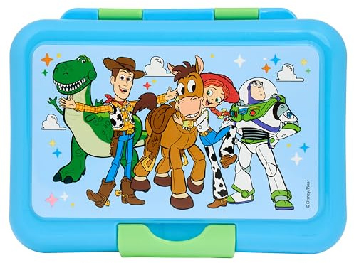 Disney Toy Story Sandwich Box for Kids – Lunch Container with Woody, Buzz Lightyear, Rex, Jessie & Bullseye Characters – Sky-Blue & Green, Easy-Open Clip, Durable & Spacious for School & Travel