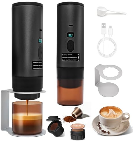 Sonnenspark Caffettiera Portatile 3-in-1, Macchina Caffè Portatile Ricaricabile, Compatibile con NS/DG/Caffè Macinato, Pocket Coffee con Batteria 7800mAh, per Auto, Ufficio, Campeggio (Nero)