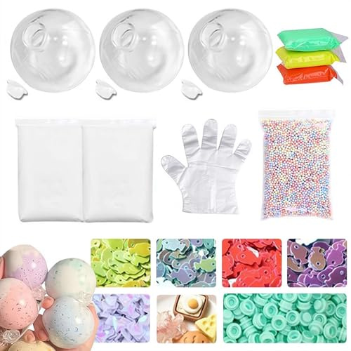 DIY-Stressball-Bastelset, milchige leere Hüllen, leerer Stressball-DIY-Kit, Vakuum-Quetschball mit leerer Hüllenbasis, Deckel, Kleber, 12 Farben Knete, Machen Sie Ihre eigenen Fidget-Druckbälle zur
