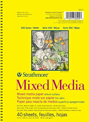 Strathmore 300 Series Wire Bound Mixed Media Pad, 90 lb. Vellum Paper, 5.5 X 8.5 inches, White, 40 Sheets (362-5)