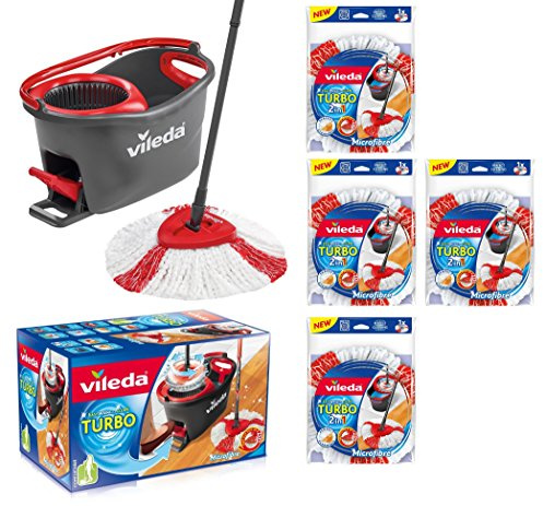 VILEDA TURBO EasyWring & Clean Komplettset , Wischmop mit Eimer und Powerschleuder PLUS 4x ERSATZKOPF TURBO