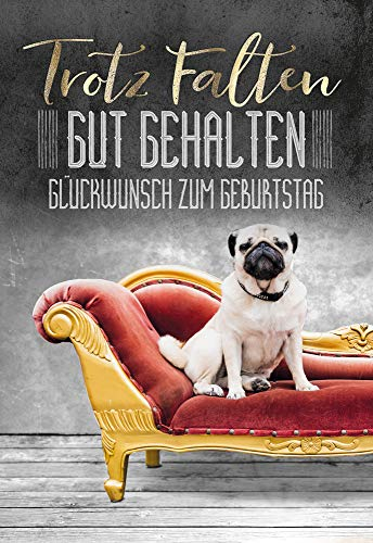 Glückwunschkarte zum Geburtstag | Lustige Geburtstagskarte mit Mops | Geburtskarten Set mit Umschlag | DIN B6 | 17,1 x 11,7cm | Klappkarte
