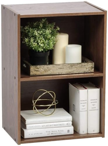 Iris Ohyama Modernes Bücherregal, 2 Etagen, Braun,Nachttisch, 40cm breit, Vielseitig, Modular, Offenes Regal, Für Wohnzimmer, Büro, Schlafzimmer, Platzsparend, Bücher, CD, Dekor, Einfacher Aufbau,