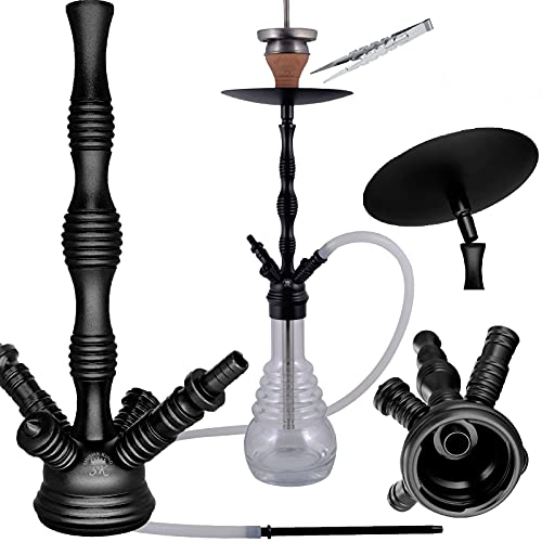 Shisha King® SKS 610 Vapor 75cm Aluminium Alu|Click System 4 Anschluss Adapter|Wasserpfeife Komplettset|Diffusor Silikonschlauch Alumundstück Tabakkopf Kaminaufsatz | 18,8 Kopfschliff (Black-Clear)