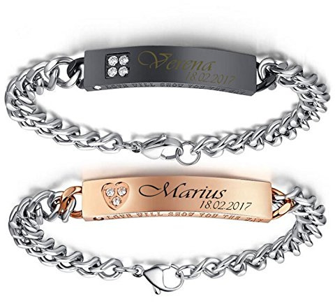 aplusashop Passion ID Edelstahl Armband Partnerarmbänder mit Gravur nach Wunsch mit Box