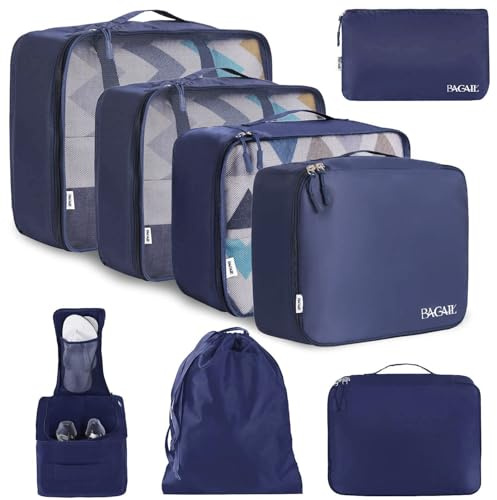 BAGAIL Cubi da Imballaggio per Valigia Set 8 Pezzi, Organizzatori Leggeri per Bagagli e Accessori da Viaggio, Blu navy