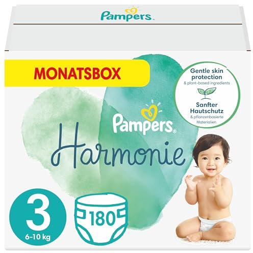Pampers Blöjor storlek 3 (6-10 kg), harmoni, 180 blöjor, 1 månadspaket, 0 % kompromiss, 100 % absorption, vegetabiliska ingredienser, allergivänliga