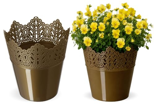 KADAX Spitzen-Blumentopf aus Kunststoff, 9 Farben, Blumentopf mit Spitzenmotiv, Blumentopfschutz für Büro, Topf, Gartenschale, Blumenkübel, Übertopf (⌀ 14,5cm, Niedrig, Gold)