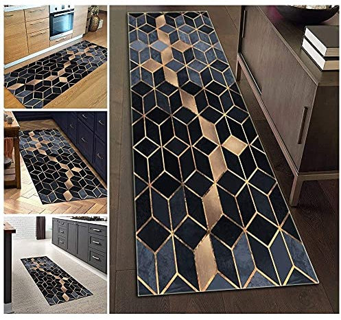 ZVEZVI Teppich Läufer Flur Küche rutschfest Waschbar Blau und Schwarz Geometrische Muster 40x240cm Bunter Modern Rutschfest Waschbar Vintage Kücheläufer Teppichläufer Polyester Meterware Anpassbar