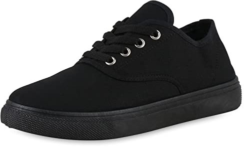 VAN HILL Damen Sneaker Low Bequeme Freizeit Schuhe Flache Basic Schnürer Stoffschuhe Schnürschuhe 206096 Schwarz 40