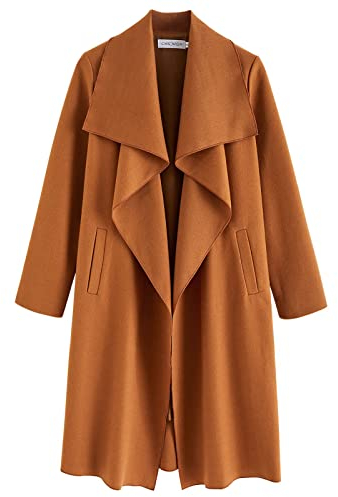 CHICWISH Damen-Trenchcoat mit breitem Revers, vorne offen, lange Ärmel, Sand/Wein/Schwarz/Grau, Wollmischung, kürbis, M