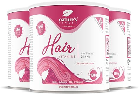 Nature's Finest Hair Vitamins, Biotine & Collagène 150 g (Lot de 3) | Boisson en poudre avec biotine 900 % VNR, collagène 1000 mg, MSM et vitamine C - goût orange, avec édulcorants