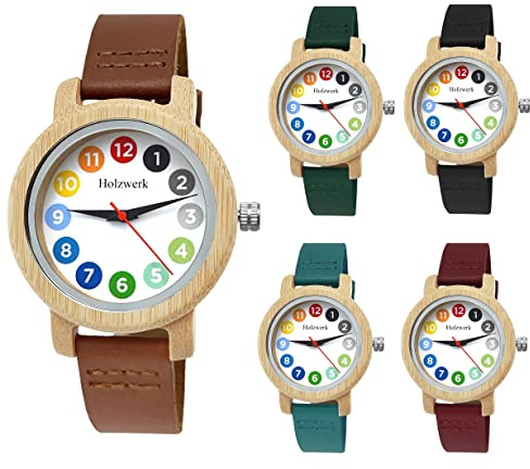 Holzwerk Germany® Mädchen-Uhr Kinder-Uhr Jungen-Uhr Öko Natur Holz-Uhr Lern-Uhr Leder Armband-Uhr Analog Klassisch Quarz-Uhr in Blau Schwarz Grün Rot Türkis Braun Weiß Bunt