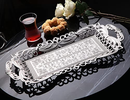 Turkish Tea Coffee Serving Tray with Handles Ottoman Decorative (Silver)