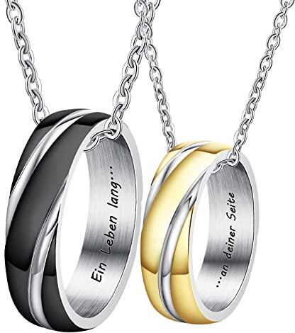 Musihy Pärchen Kette mit Gravur, Pärchen Halskette Silber Edelstahl mit Anhänger Ring 6MM Schwarz Streifen Ring Kette Herren 60 cm Damen 50 cm Geschenke