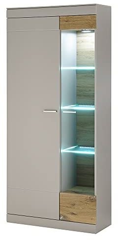Lomadox Wohnzimmer Glasvitrine Hochschrank inkl. Beleuchtung in grau matt Eiche Glastür rechts, B/H/T ca. 90/199/35 cm