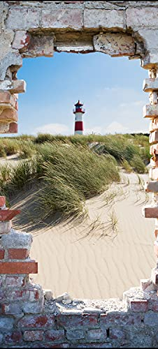 wandmotiv24 Türtapete 3D Ziegel, Leuchtturm, Strand, Düne 100 x 200cm (B x H) - Selbstklebende Strukturtapete Sticker für Türen, Türfolie, Aufkleber, M1277