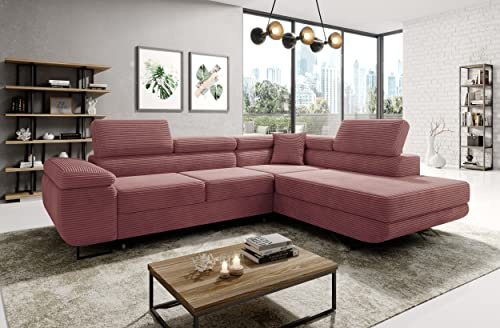 MODERNO Corner Sofa with Sleep Function Made of Corduroy - Big Sofa ASTORP - Couch L Shape - Sofa Bed with Bed Box and Headrests - 277 x 203 x 100 cm - Right - Pink - Poso 27