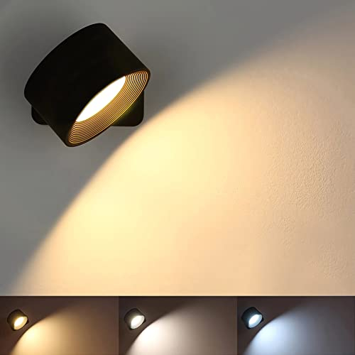 Anmossi Applique da Parete Interni,Lampada da Parete a LED Ricaricabile da 4.5W,3 Livelli di Luminosità e 3 Temperature di Colore,Controllo Touch,Ruotare di 360°Lampada da Parete da Comodino(Nero)