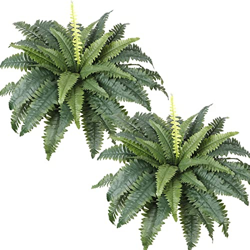 Dremisland Helechos artificiales para exteriores, juego de 2 ramos de 30 pulgadas de diámetro, helechos falsos grandes en maceta o colgantes, arbustos de plantas artificiales para decoración del hogar