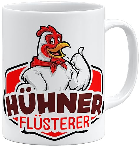 OM3® Hühnerflüsterer Tasse Farmer Hühner Flüsterer Huhn Hahn IV - Keramik Becher - 11oz 325ml - Beidseitig Bedruckt - Weiss