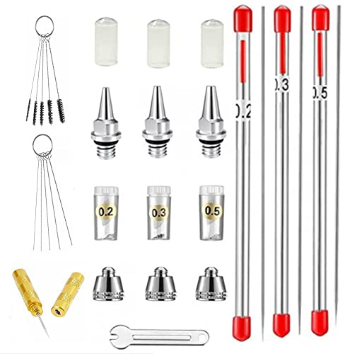 ABEST Kit di 24 pezzi di ricambi per aerografo con ugello, ago, cappuccio ugello, chiave mini, manicotto di protezione del cappuccio, ricambi per kit di pulizia aerografo