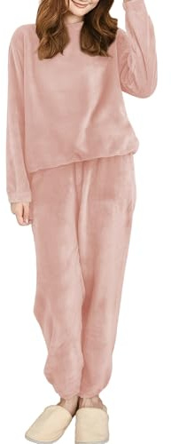 Hveuluop Gieen Conjunto de Pijama de Polar Coral para Mujer - Camiseta de Manga Larga con Cuello Redondo y Pantalón, Conjunto de Ropa de Estar en Terciopelo Coral Elástico en Talla Única